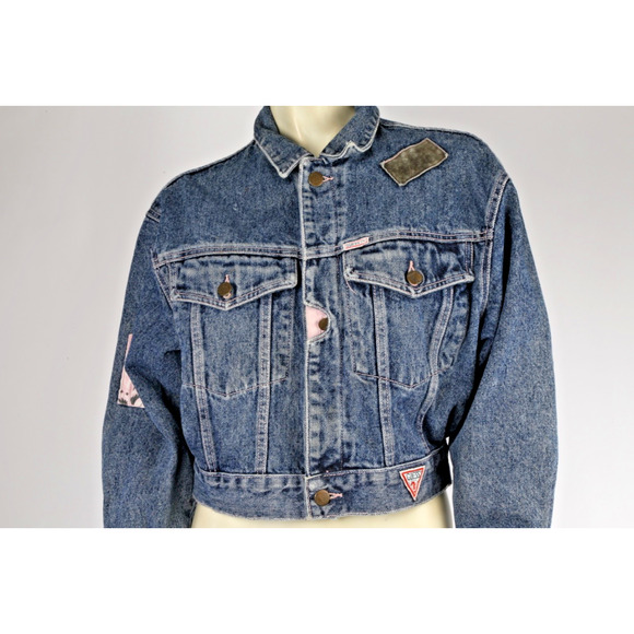 Vintage Guess Georges Marciano 80s Patchwork Stone Washed Denim Jean Jacket Sz S - Picture 2 of 16